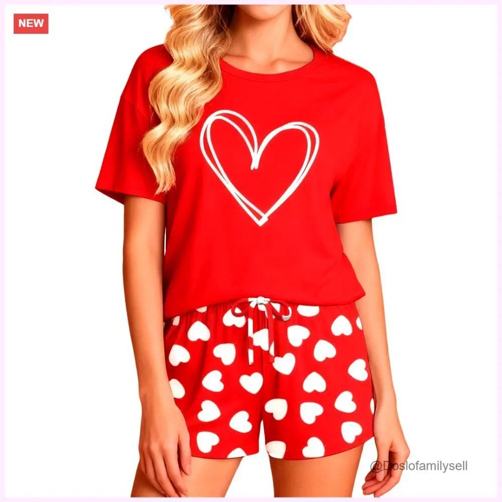 Valentine Pajama Set Short Sleeve Heart Print Loungewear Cozy Sleepwear
